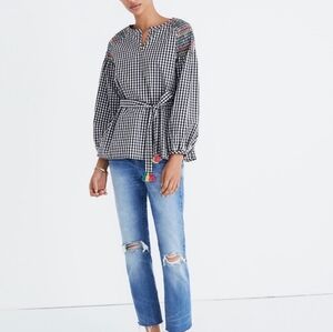 Madewell Gingham Black and White Smocked Tie Waist Long Sleeve‎ Top Size Small
